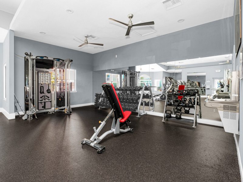Modern home gym with weights and equipment at TGM University Park.