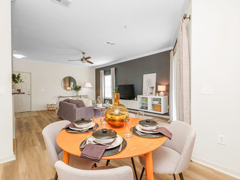 Modern living room and dining area at TGM University Park with stylish décor and natural light.