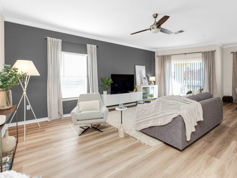 Modern living room interior at TGM University Park with gray sofa and contemporary décor.