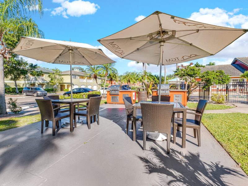 Outdoor dining area with umbrellas and palm trees at TGM University Park.